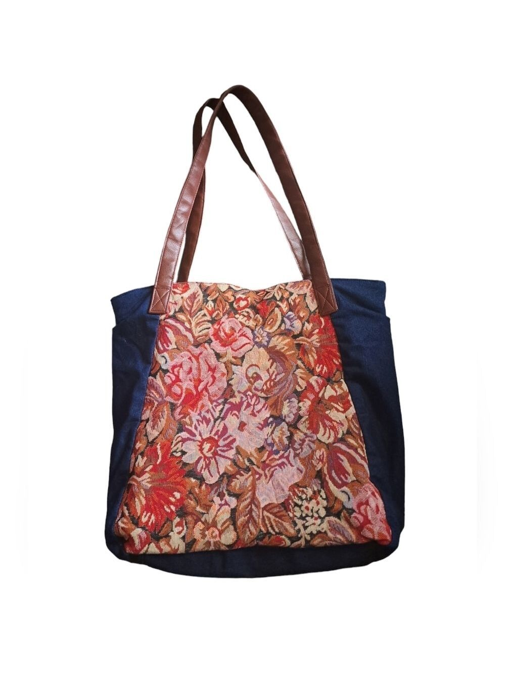 VTG GOLD COAST TAPESTRY denim zip tote bag faux leather straps floral coastal LG